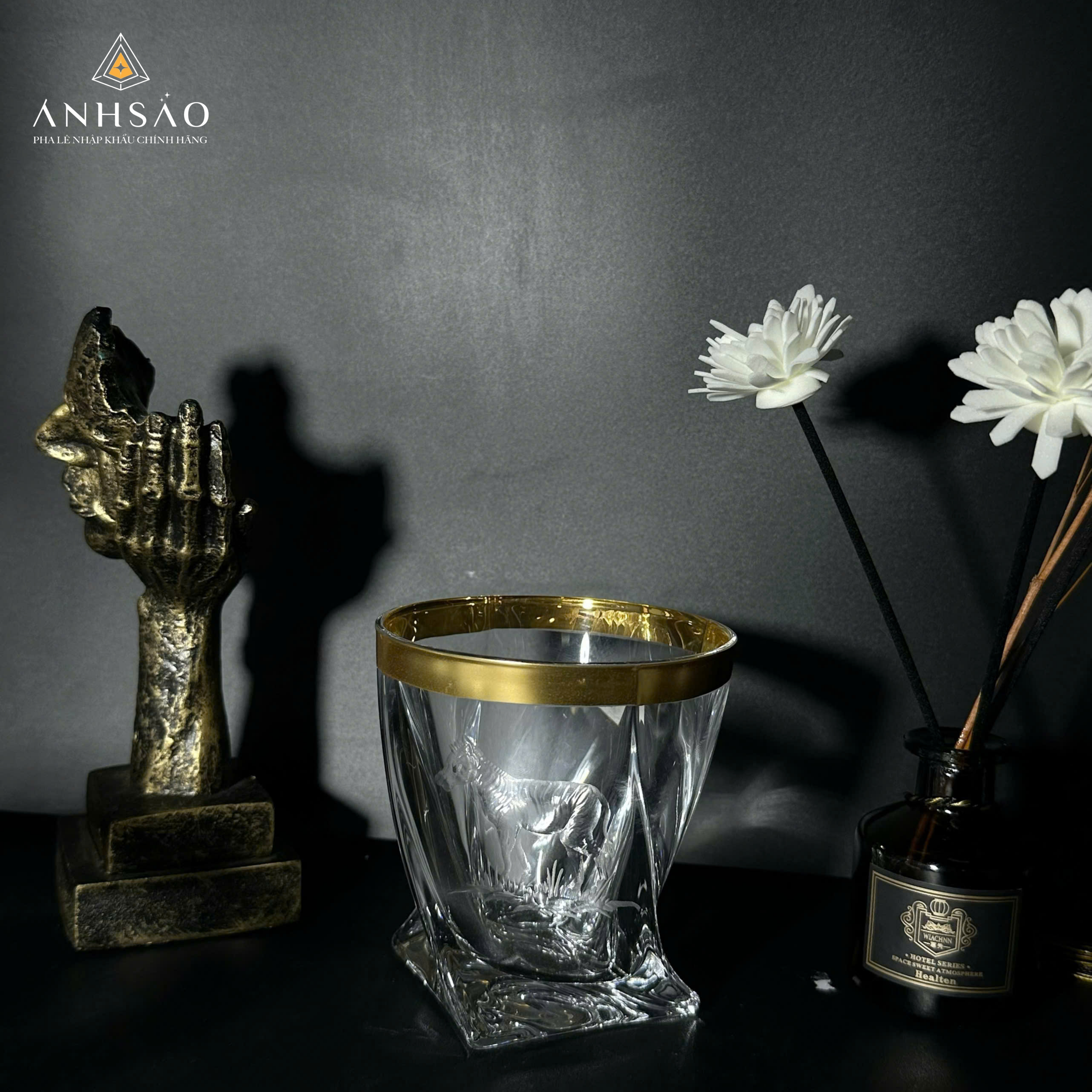 Cốc Pha Lê Mài Con Giống Viền Vàng