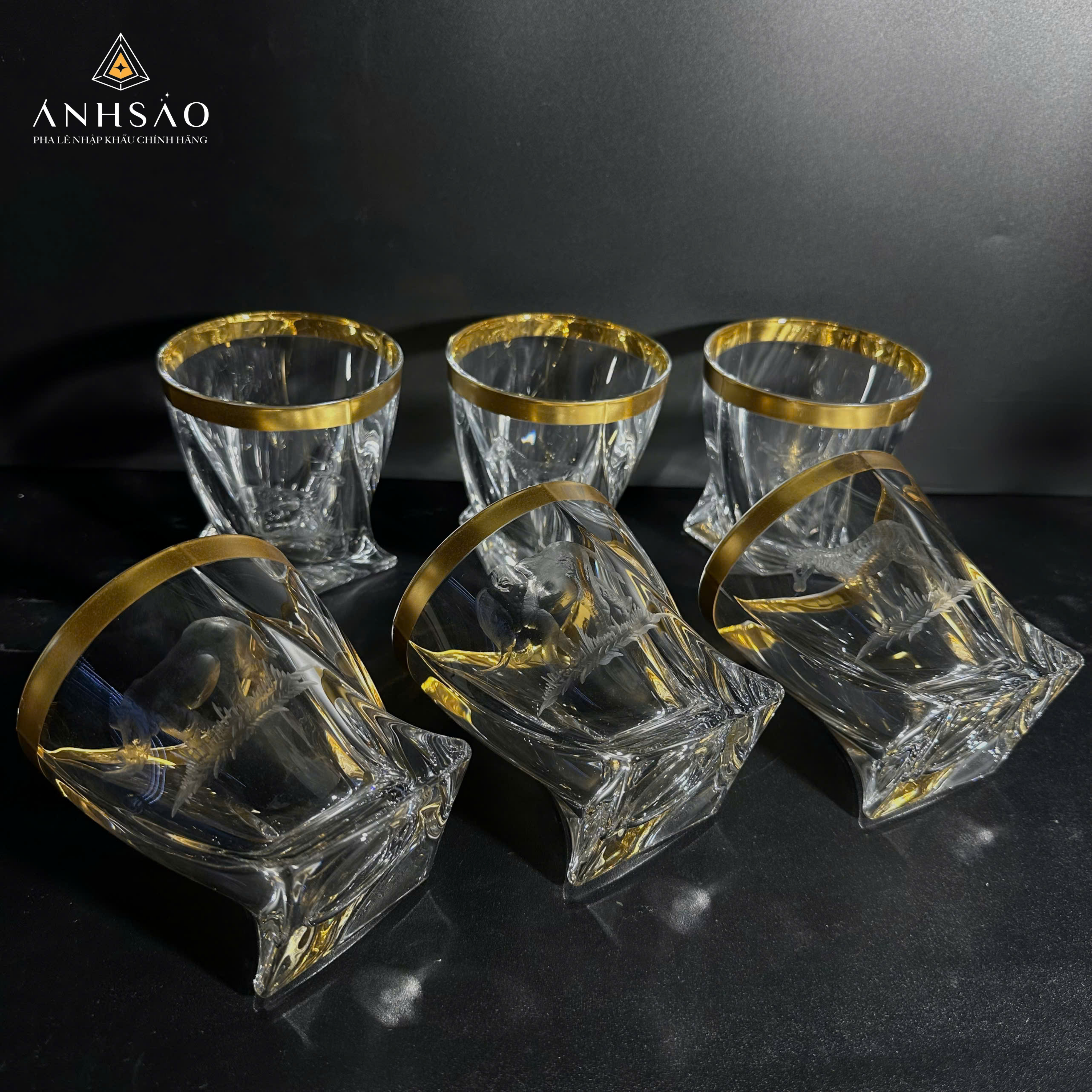 Cốc Pha Lê Mài Con Giống Viền Vàng