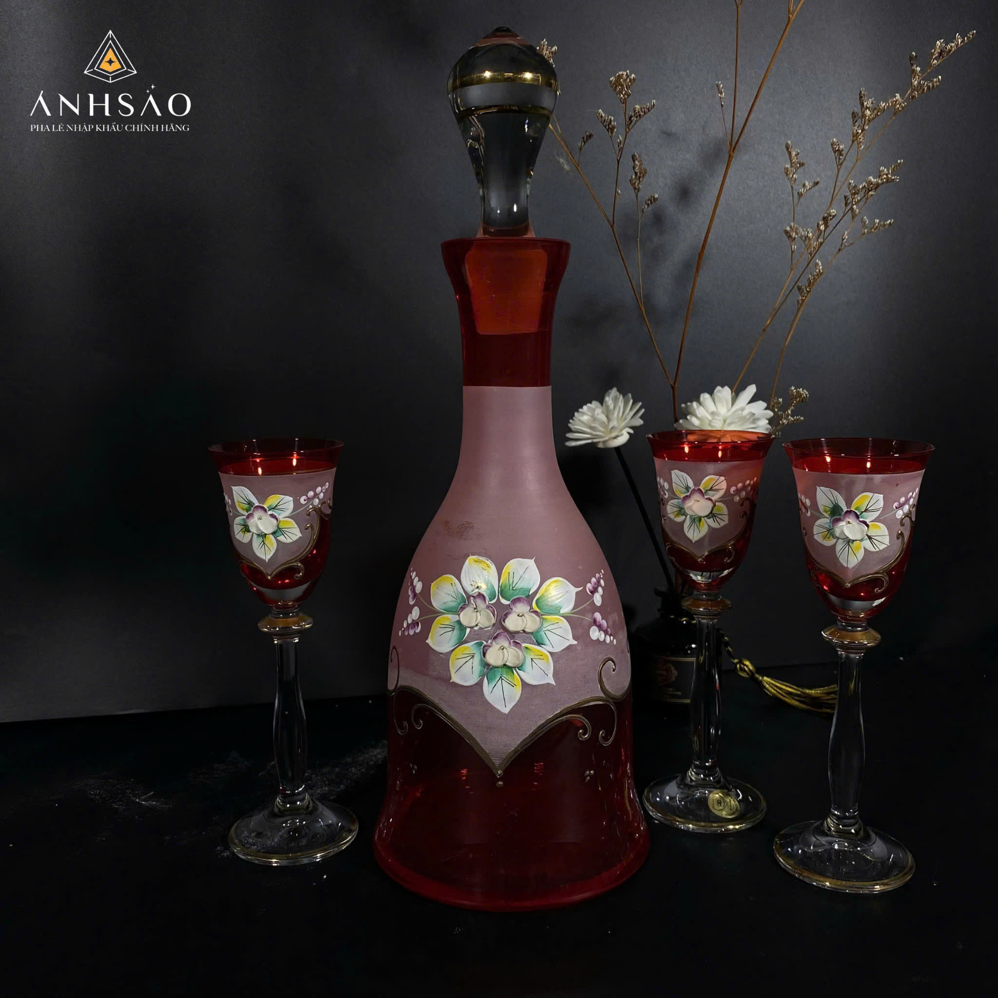 Bộ Bình Rượu Pha Lê Cao Cấp Họa Tiết Hoa Nổi – Sang Trọng Và Tinh Xảo