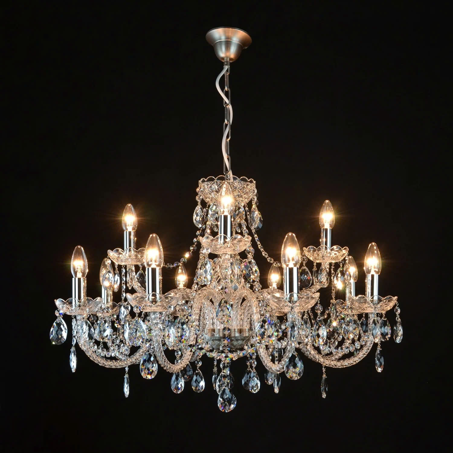 Đèn Pha Lê Treo Trần Belle 12 Bóng Beta Bạc Cao Cấp