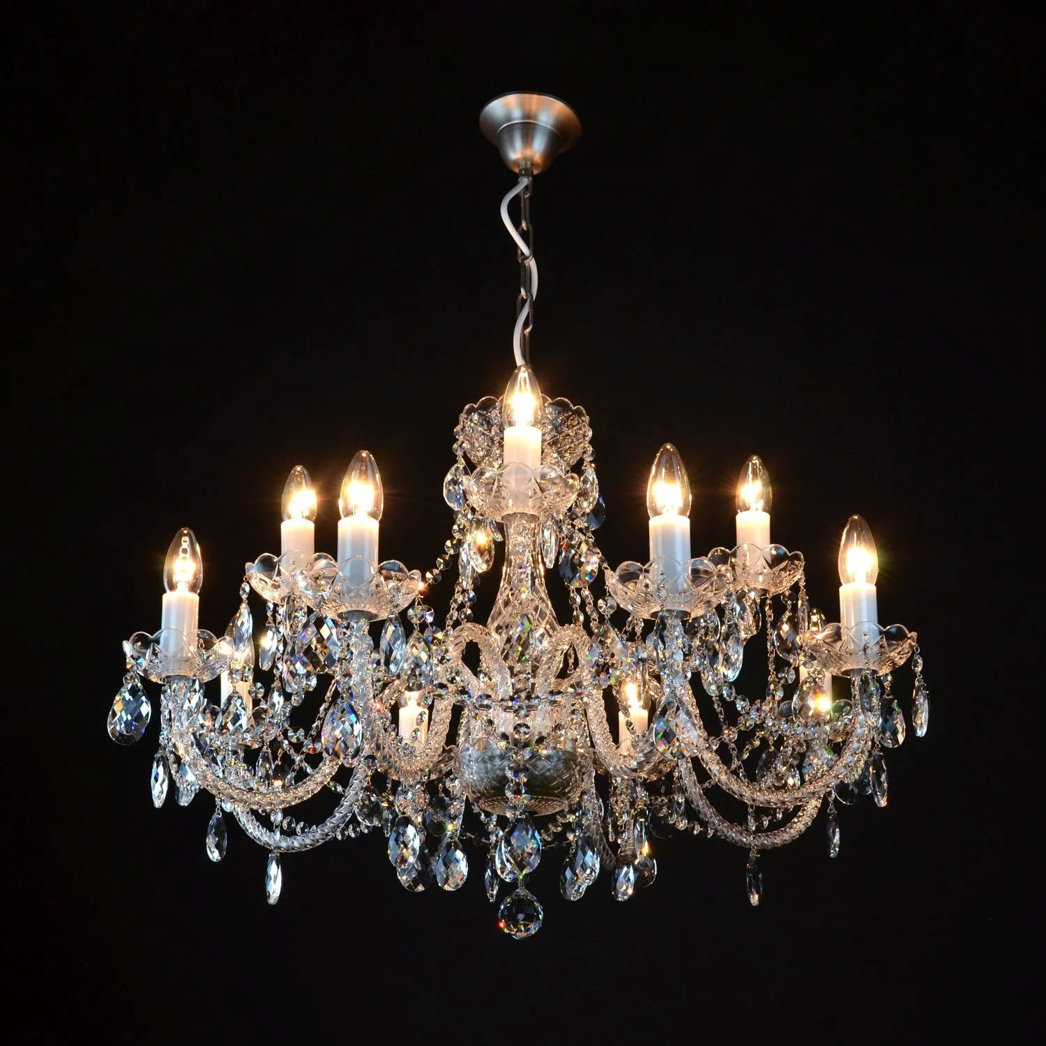 Đèn Pha Lê Treo Trần Belle 12 Bóng Beta Bạc Cao Cấp