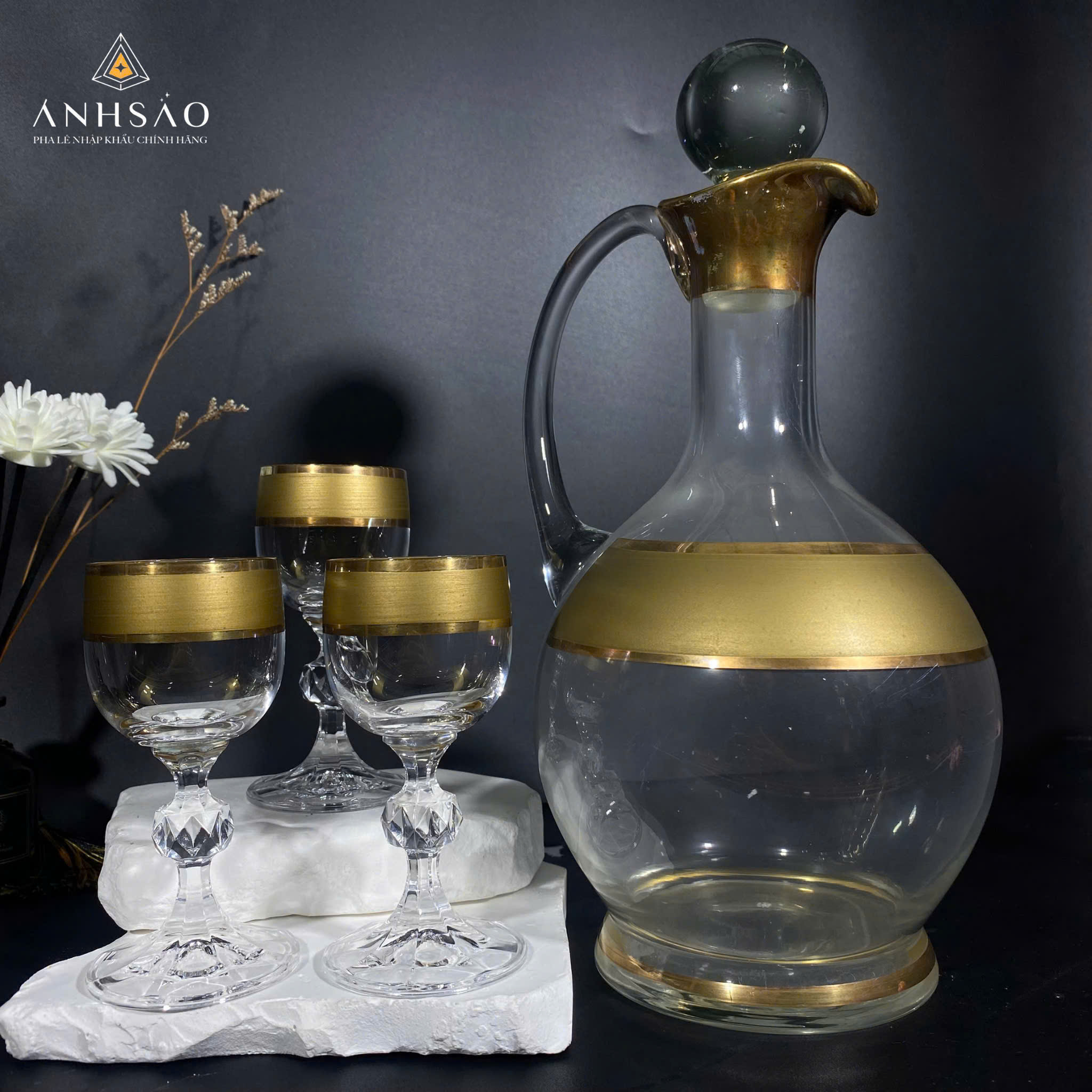 Bộ Bình Rượu Pha Lê 6 Ly Khảm Vàng Cao Cấp
