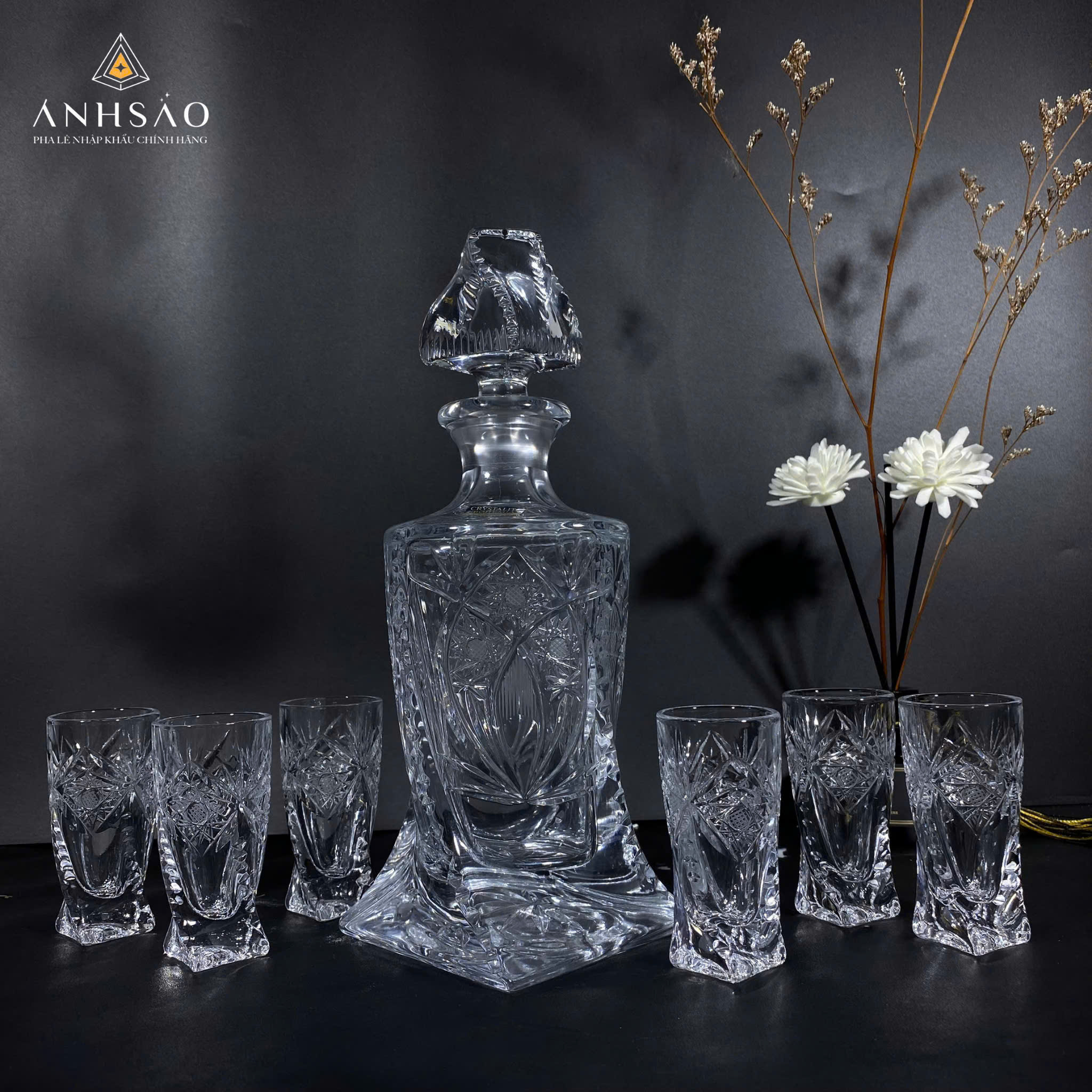 Bộ Bình Rượu Pha Lê Đáy Xoáy Trắng Mài 56 Mini Cao Cấp