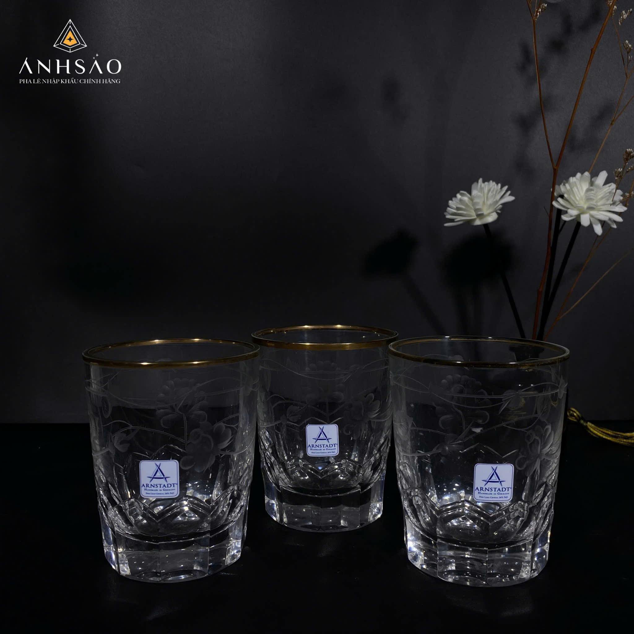 Cốc Pha Lê Arnstadt Đức Mài Hoa Dây Viền Vàng Cao Cấp
