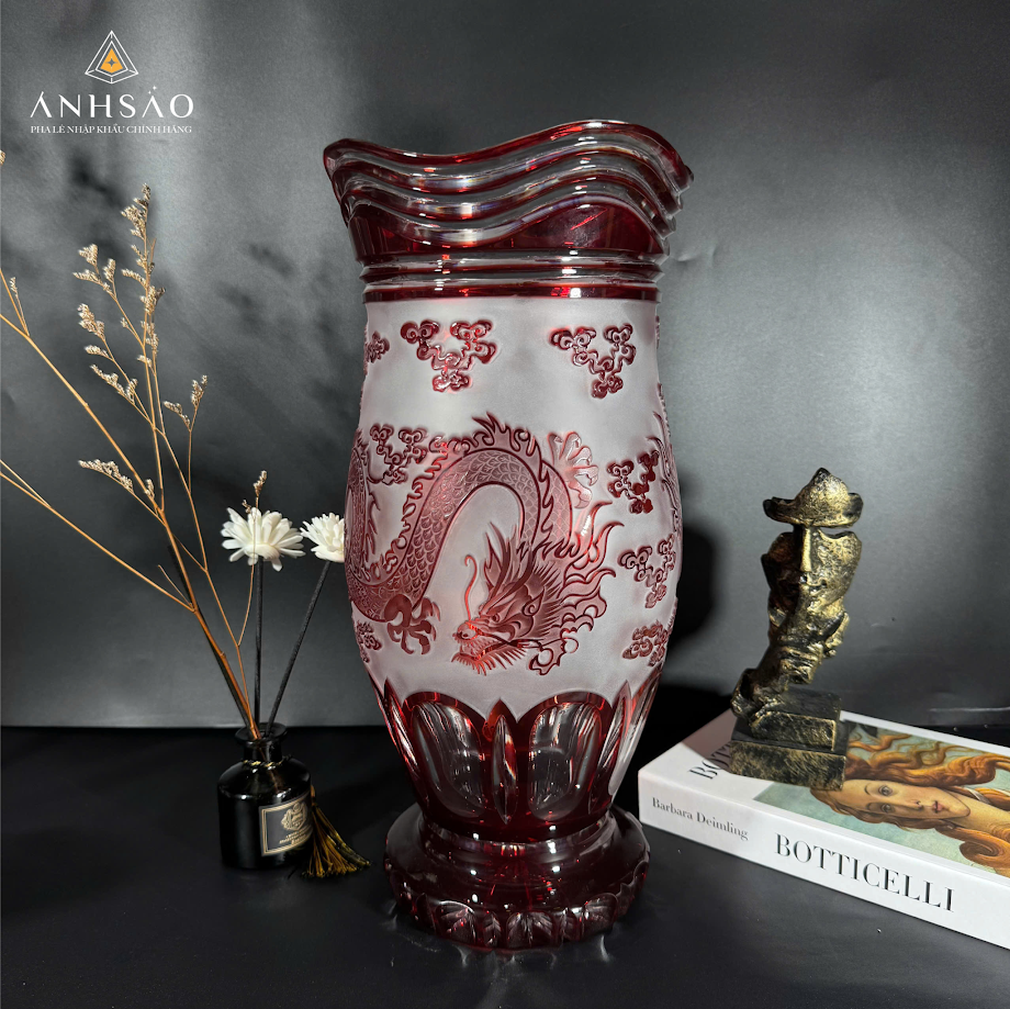 Lọ Hoa Pha Lê Haida Đỏ Điêu Khắc Rồng